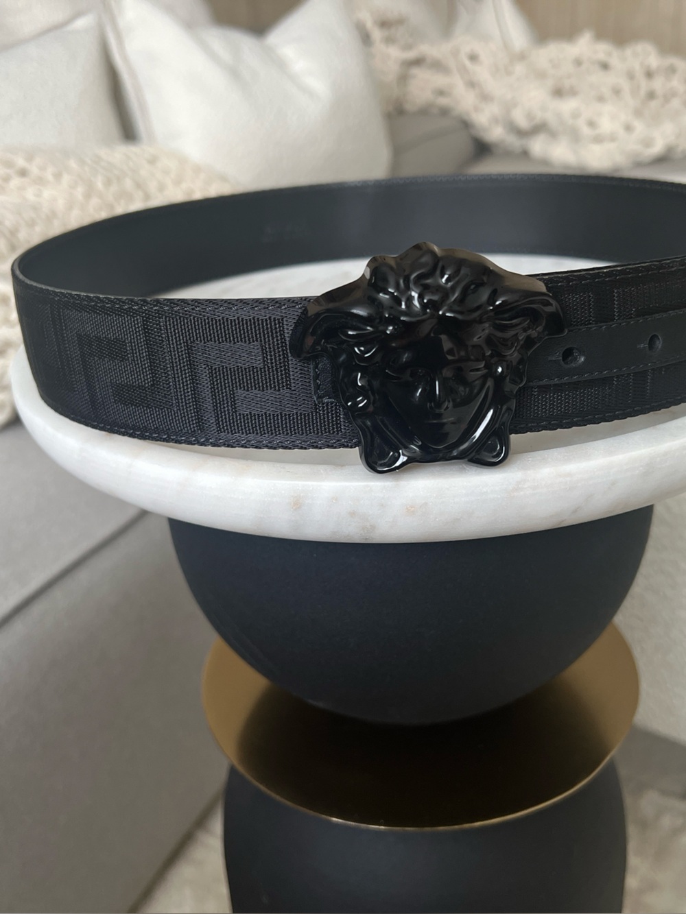 Versace Black Leather Belt with Signature Silver-Tone Buckle